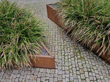 Çiçek tarlası paslı metal bir yaprak dizaynı ile sınırlıdır. Çiçek tarlasında uzun ömürlüler ve çimenler çiçek açar. İki çiçek tarhı arasında taş küpler. Bunlar banklar.