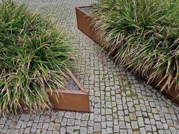 Çiçek tarlası paslı metal bir yaprak dizaynı ile sınırlıdır. Çiçek tarlasında uzun ömürlüler ve çimenler çiçek açar. İki çiçek tarhı arasında taş küpler. Bunlar banklar.