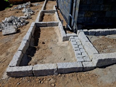 Dağlardaki kır evi boyunca yürüme yolu. Çakıl yatağında taş döşeme işi