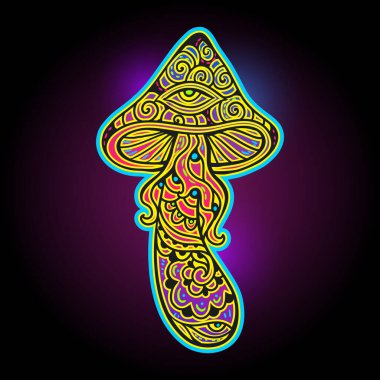 Sihirli mantarlar. Psikedelik poster.Vektör çizimi. Zen sanatı. Dekoratif mantarlar, hippi, halüsinasyon psilosibin 60 'lar