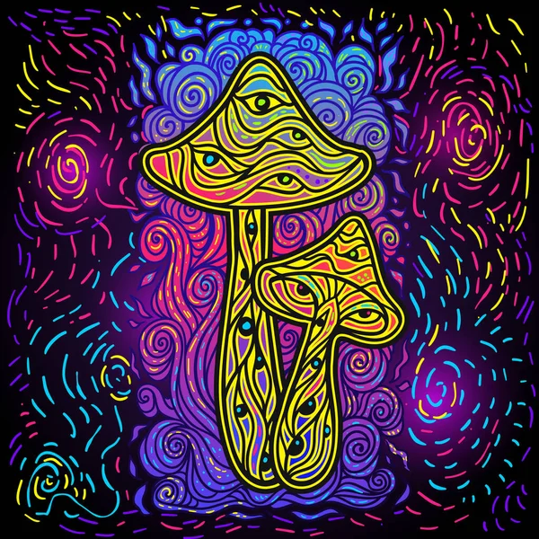 Magiczne Grzybki Psychodeliczne Fluorescencyjne Neonowy Plakat Ilustracja Wektora Sztuka Zen — Wektor stockowy