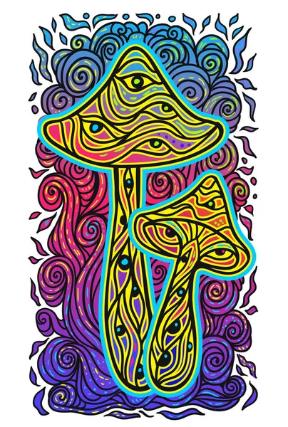 Magiczne Grzybki Psychodeliczne Fluorescencyjne Neonowy Plakat Ilustracja Wektora Sztuka Zen — Wektor stockowy
