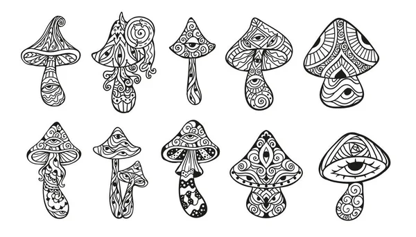Magic Mushrooms Vector Illustration Mushrooms Hippie Psychedelic Style Decorative Mushrooms — Stock Vector