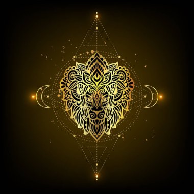 Aslan mandala kafası. Kutsal geometri vektör illüstrasyonu. Çiçek Etnik çizimi. Zen boho tarzında dekoratif Leo hayvanı. Boho, dekorasyon için hippi.