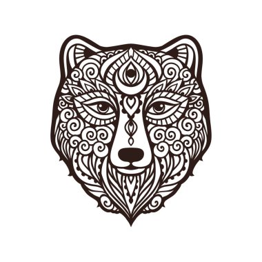 Ayı mandala süsü. Vektör çizimi. Çiçek Etnik çizimi. Zen boho tarzında ayı doğası. Renkli sayfa siyah ve beyaz