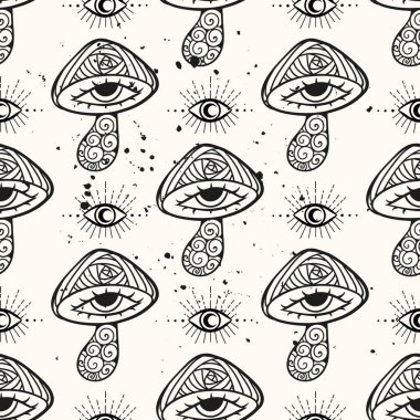 Sihirli mantar mandala. Psikedelik desen. Vektör çizimi. Zen Boho sanatı. Dekoratif mantarlar, hippi, halüsinasyon psilosibin 60 'lar