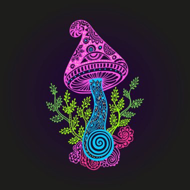 Sihirli mantar mandala. Psikedelik desen. Vektör çizimi. Zen Boho sanatı. Dekoratif mantarlar, hippi, halüsinasyon psilosibin 60 'lar