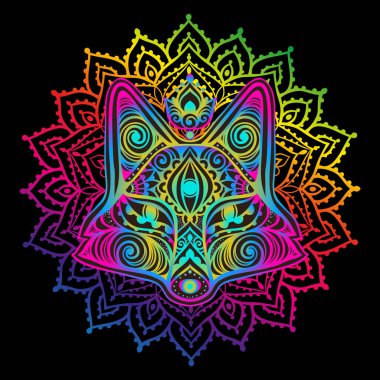 Fox mandala baş saykodelik. Vektör çizimi. Renkli etnik çizimler. Zen boho tarzında bir tilki. Parti hippileri için, halüsinasyon psilosibin 60 'lar, 70' ler