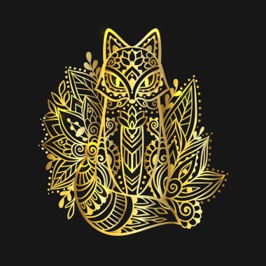 Fox Mandala Süs Altını. Vektör çizimi. Çiçekli kınalı etnik çizim. Zen boho tarzında bir tilki. Boho, hippi deseni.