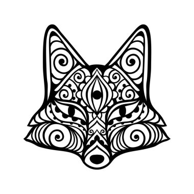 Tilki mandala süsü. Vektör çizimi. Çiçek Etnik çizimi. Tilki hayvan doğası Zen boho tarzında. Renkli sayfa siyah ve beyaz