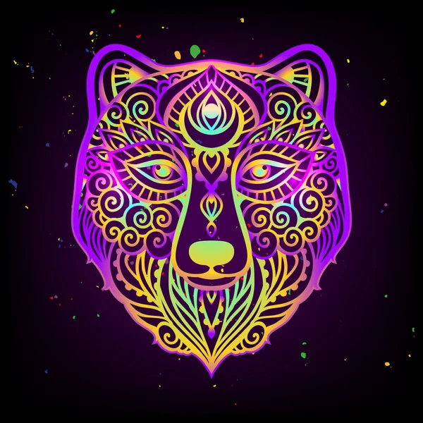 Björnhuvud Psykedelisk Mandala Vektorillustration Färgstark Etnisk Teckning Björndjur Zen Boho — Stock vektor