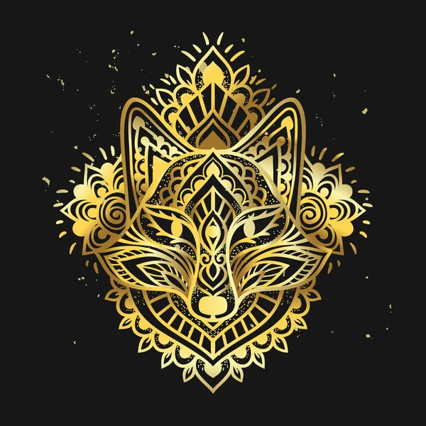 Fox Mandala Ornamento Oro Illustrazione Vettoriale Disegno Etnico Fiore Animale — Vettoriale Stock