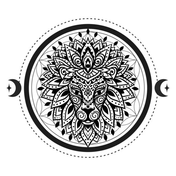 Löwenmandalakopf Vektorillustration Heilige Geometrie Blume Ethnische Zeichnung Dekoratives Leo Tier — Stockvektor
