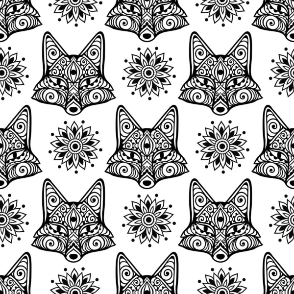 Fox Mandala Ornament Vector Illustration Flower Ethnic Drawing Fox Animal — Stock Vector