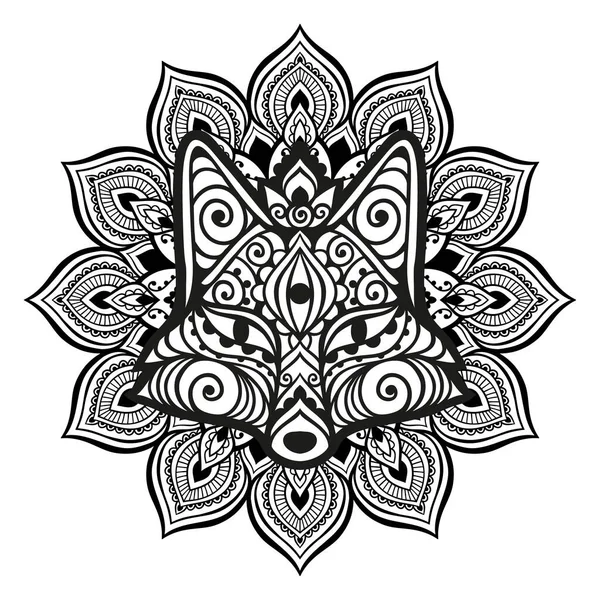 Vossenkop Mandala Vector Illustratie Bloem Etnische Tekening Decoratieve Fox Dier — Stockvector