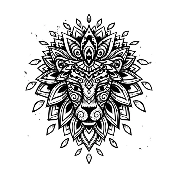 Lion Mandala Prydnad Vektorillustration Etnisk Blomsterteckning Lejondjur Zen Boho Stil — Stock vektor