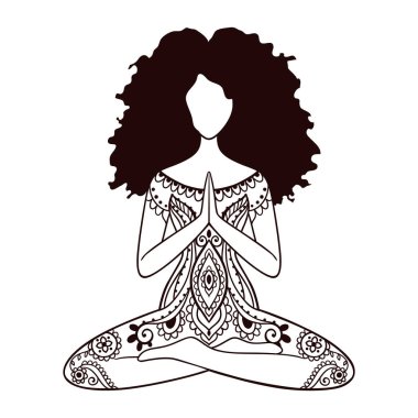 Yogacı kız. Afrika kökenli Amerikalı kadın yoga yapıyor. Süslü meditasyon pozu. Hindistan etnik vektör illüstrasyonu. Siyah kadın Lotus Yoga pozu