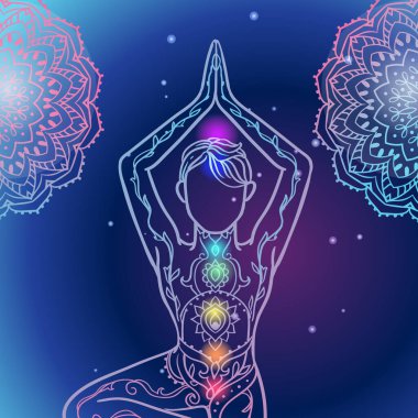 Yogacı. Meditasyonun güzel, esrarengiz kavramını süslemek. Geometrik element el çizimi. Logo ve afiş tasarımı için vektör illüstrasyonu. Hindistan etnik tarzı Yoga mandala ve çakralarla poz veriyor
