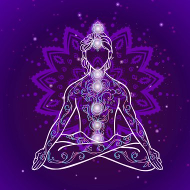 Yogacı. Meditasyonun güzel, esrarengiz kavramını süslemek. Geometrik element el çizimi. Logo ve afiş tasarımı için vektör illüstrasyonu. Hindistan etnik tarzı Yoga mandala ve çakralarla poz veriyor