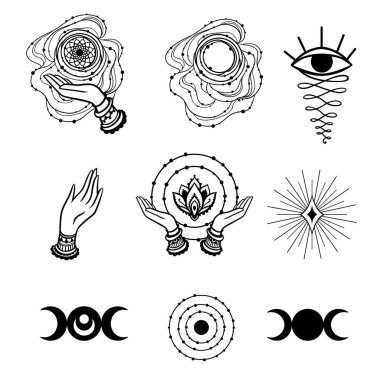 Kadınsı elementlerin esrarengiz Yoga Elleri. Etnik tarzda vektör illüstrasyonu.