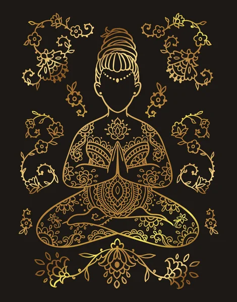 Плюс Размер Yoga Girl Gold Цвета Декоративная Женская Векторная Иллюстрация — стоковый вектор
