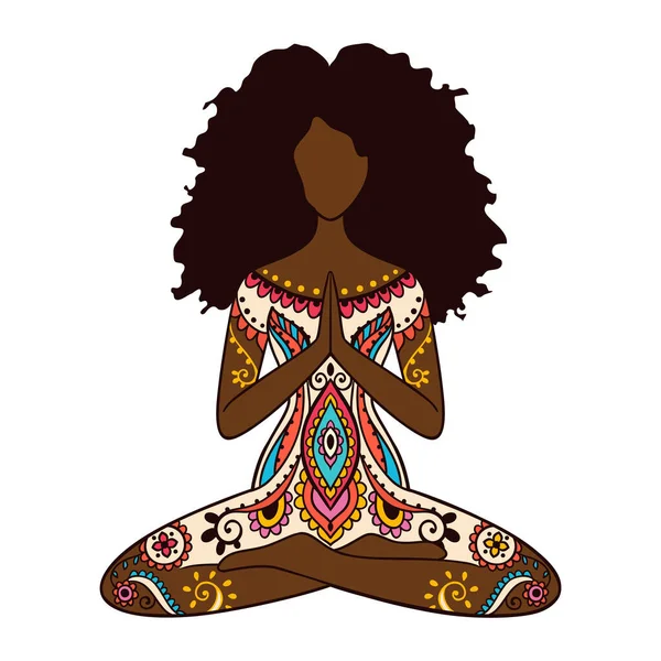 ヨガの女の子 アフリカ系アメリカ人女性がヨガをする 装飾瞑想のポーズ インドの民族ベクトルイラストスタイル 黒女性蓮ヨガポーズ — ストックベクタ