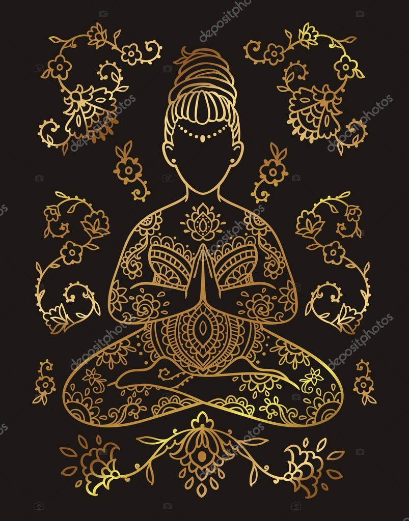 Plus size Yoga Girl Gold color. Ornamental feminine Vector illustration. Medallion yoga lotus pose india arabic style. Body positive consept.