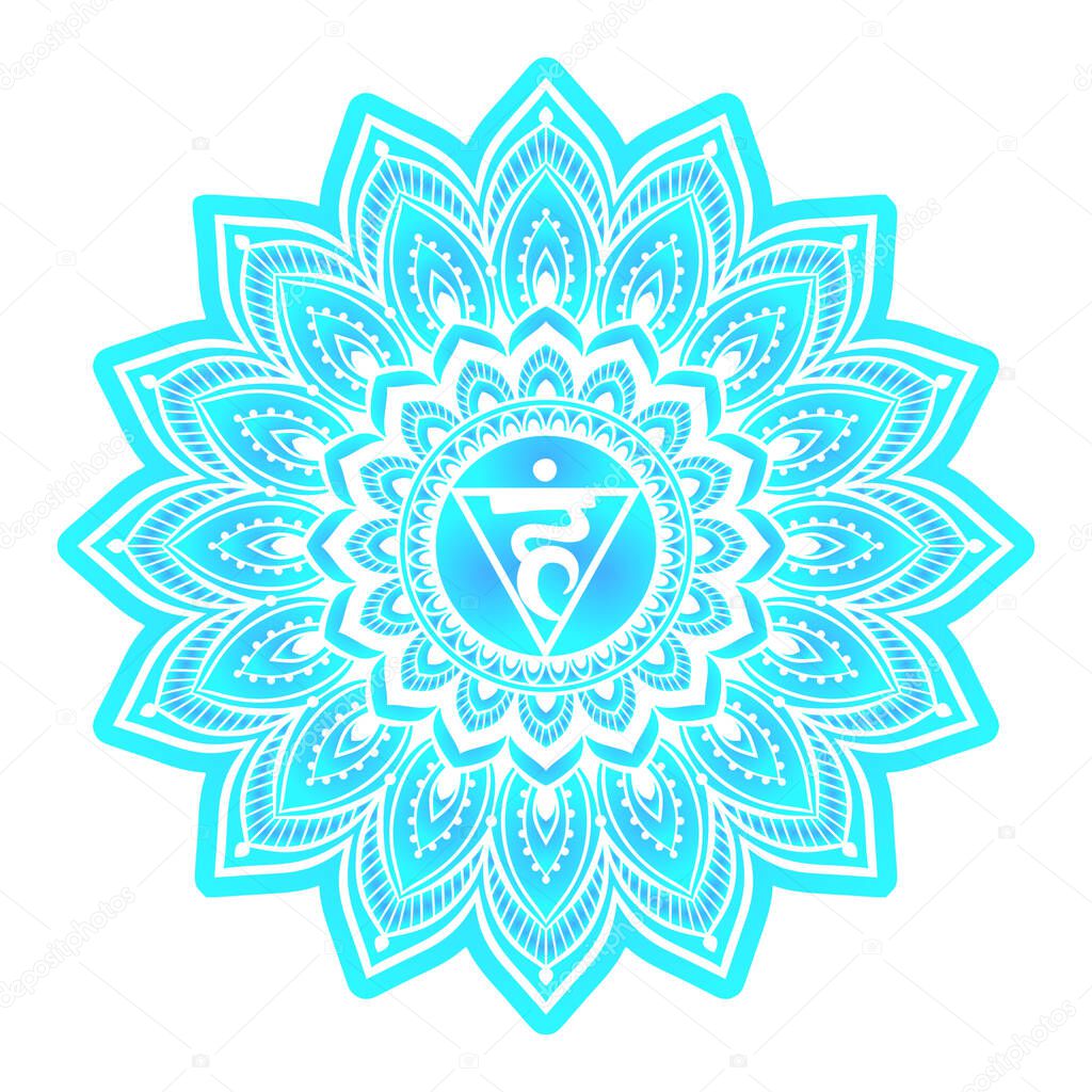 Vishuddha or Vishuddhi throat fifth chakra. Blue coloring vector illustration For logo yoga healing meditation. Beautiful outline mandala. Ethnic, Indian style.