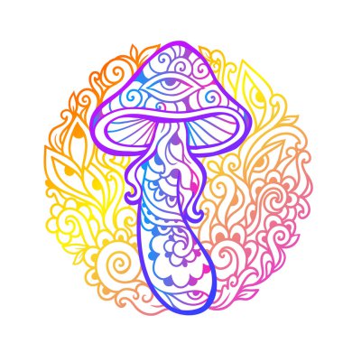 Psikedelik Sihirli Mantarlar. Vektör çizimi. Zen sanatı. Dekoratif mantarlar, hippi, halüsinasyon psilosibin 60 'lar