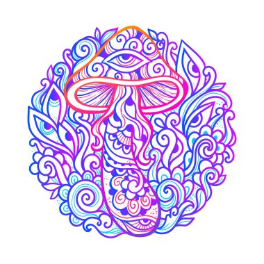 Psikedelik Sihirli Mantarlar. Vektör çizimi. Zen sanatı. Dekoratif mantarlar, hippi, halüsinasyon psilosibin 60 'lar