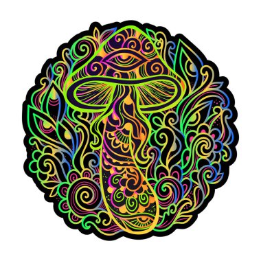 Psikedelik Sihirli Mantarlar. Vektör çizimi. Zen sanatı. Dekoratif mantarlar, hippi, halüsinasyon psilosibin 60 'lar