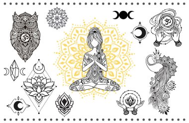 Yoga pozu, Baykuş, Ay, On, Hand. Tavuskuşu, Hindistan. Fil kafalı Tanrı. Vektör Illustration Yoga Logosu Mandala Yoga madalyonu