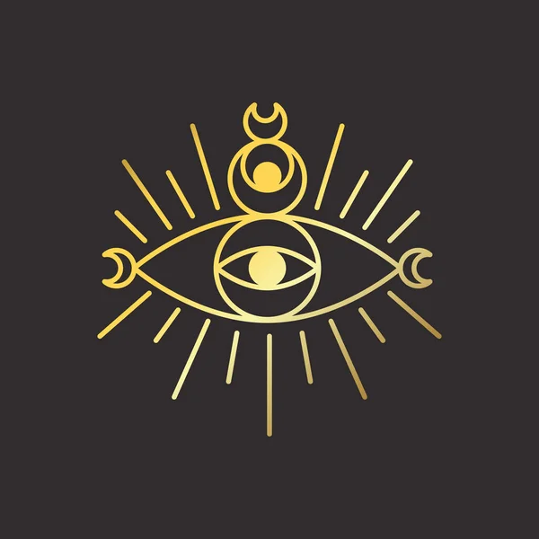 Lua Sol Ouro Logotipo Místico Ilustração Vetorial Estilo Arte Linha — Vetor de Stock