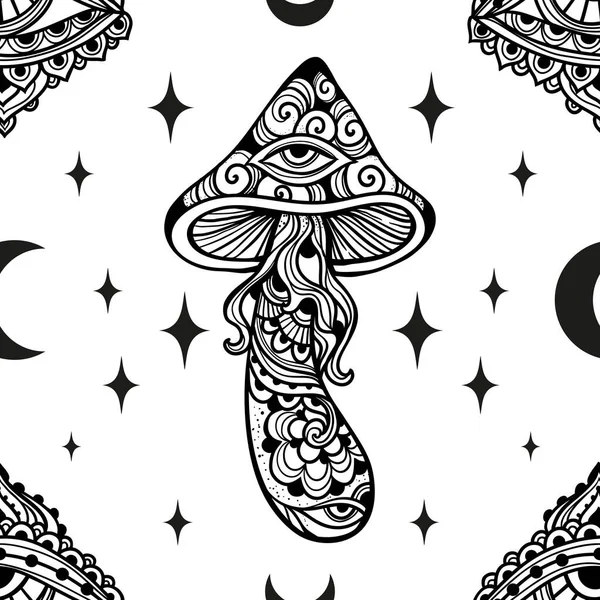 Zauberpilze Psychedelisches Muster Vektorillustration Zen Kunst Dekorative Pilze Hippie Esoterische — Stockvektor