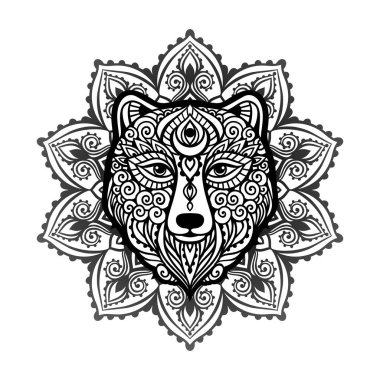 Ayı mandala süsü. Vektör çizimi. Çiçek Etnik çizimi. Zen boho tarzında ayı doğası. Renkli sayfa siyah ve beyaz