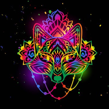 Fox mandala baş saykodelik. Vektör çizimi. Renkli etnik çizimler. Zen boho tarzında bir tilki. Parti hippileri için, halüsinasyon psilosibin 60 'lar, 70' ler
