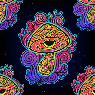 Sihirli mantarlar. Psikedelik desen floresan, neon. Vektör çizimi. Zen sanatı. Dekoratif mantarlar, hippi, halüsinasyon, psilosibin 60 'lar 70' ler mor siyah