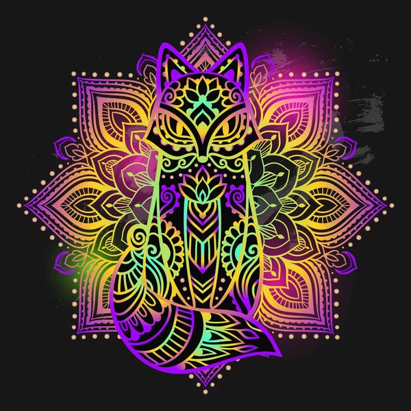 Fox mandala baş saykodelik. Vektör çizimi. Renkli etnik çizimler. Zen boho tarzında bir tilki. Parti hippileri için, halüsinasyon psilosibin 60 'lar, 70' ler