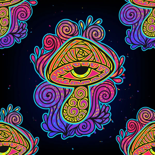 Magic Mushrooms Psychedelic Pattern Fluorescent Neon Vector Illustration Zen Art — Stock Vector