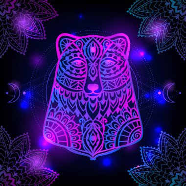 Ayı alanı. Psikedelik desen. Vektör çizimi. Zen Boho sanatı. Dekoratif mistik, hippi, halüsinasyon psilosibin 60 'lar