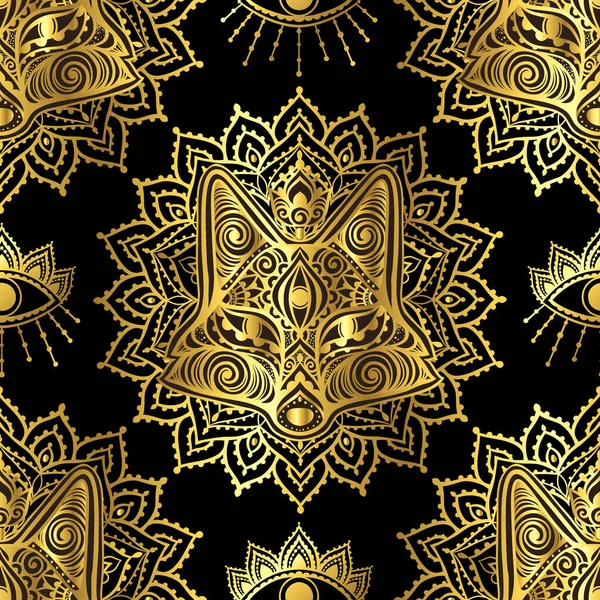 Золотой Орнамент Лисы Мандала Векторная Иллюстрация Этнический Рисунок Цветов Фокс — стоковый вектор