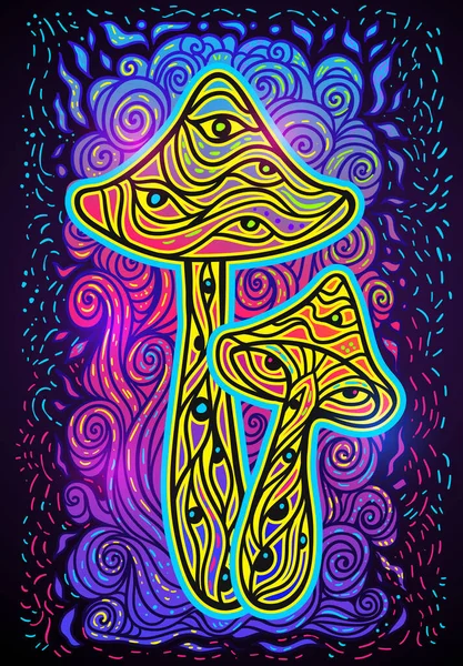 Zauberpilze Psychedelisch Fluoreszierendes Neonfarbenes Plakat Vektorillustration Zen Kunst Dekorative Pilze — Stockvektor