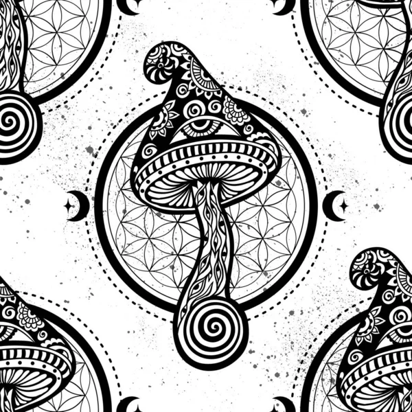 Magic Mushrooms Sacred Geometry Vector Illustration Zen Art Decorative Mushrooms — Stock Vector
