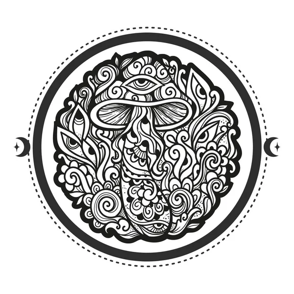 サイケデリックマジックキノコ ベクトルイラスト 禅の芸術の扉 装飾キノコ ヒッピー シロシビン60 70年代 — ストックベクタ