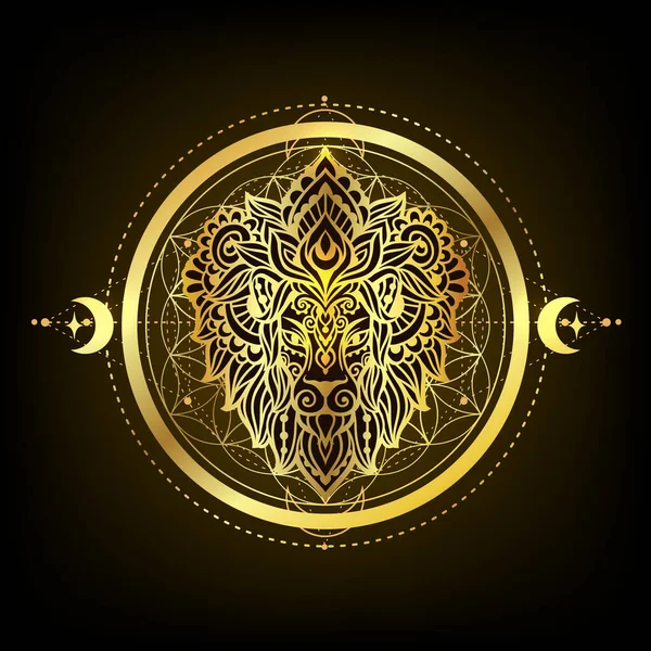 Lion Mandala Head Vector Illustration Sacred Geometry Flower Ethnic Drawing — Stock Vector