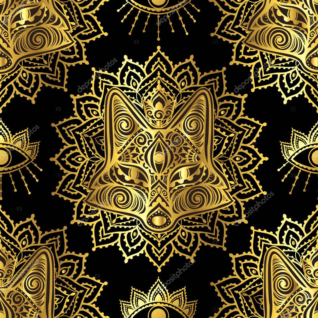 Fox mandala Gold ornament. Vector illustration. Flower Ethnic drawing. Fox animal in Zen boho style. Boho, hippie pattern
