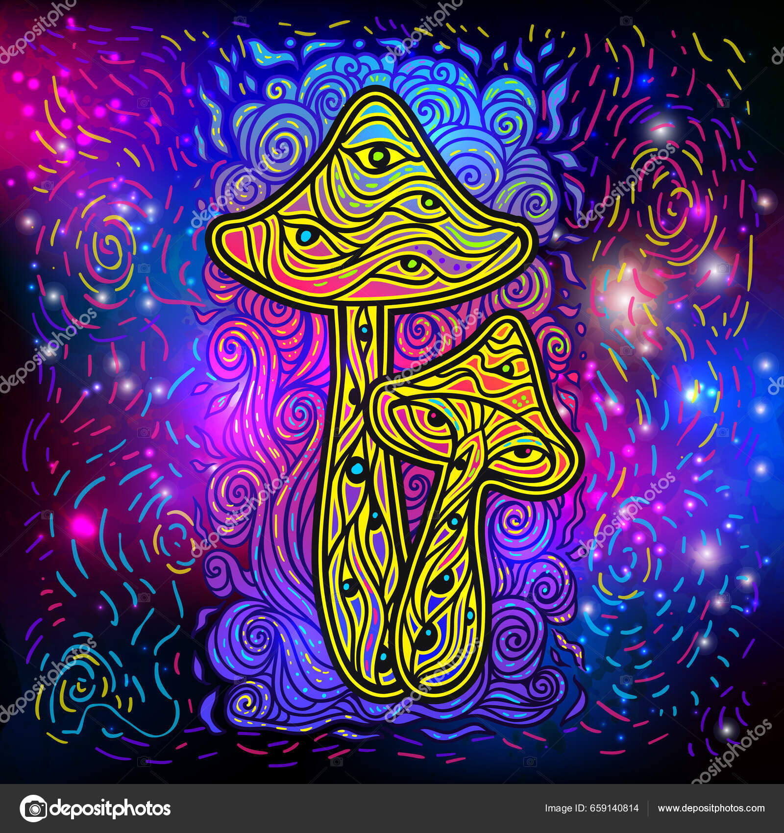 Magic Mushrooms Psychedelic Poster Vector Illustration Zen Boho Art Space  Stock Vector by ©anvino 659140814, image size:1600x1700