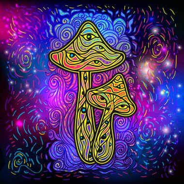 Sihirli mantarlar. Psikedelik poster.Vektör çizimi. Zen boho sanatı. Uzay, galaksi, mistik arka plan. Dekoratif mantarlar, hippi, neon halüsinasyon psilosibin 60 'lar