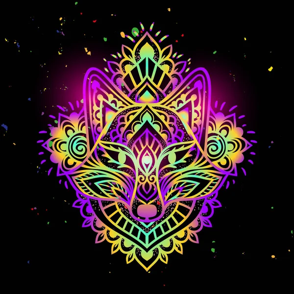 Fox Mandala Hoofd Psychedelisch Vector Illustratie Kleurrijke Etnische Tekening Vos — Stockvector