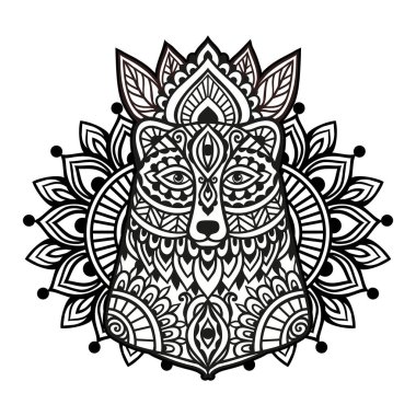 Ayı mandala süsü. Vektör çizimi. Çiçek Etnik çizimi. Zen boho tarzında ayı doğası. Renkli sayfa siyah ve beyaz